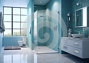 Modern design bathroom with shower and large window in marine colors.Macro.AI Generative