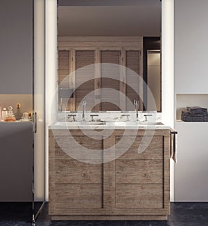 Modern design of bathroom with wooden vanity in the middle