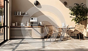 Modern design cafe white square tile counter with espresso machine cash register rattan chair coffee table in sunlight from