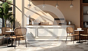 Modern design cafe white square tile counter with espresso machine cash register rattan chair coffee table in sunlight from