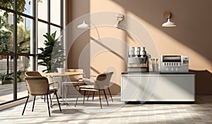 Modern design cafe white square tile counter with espresso machine cash register rattan chair coffee table in sunlight from