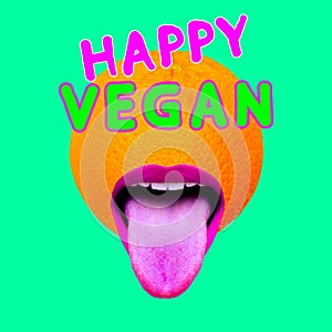 Modern design collage art. Happy Vegan concept. Fashion Orange Fruit Mood