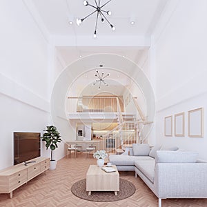 Modern design comtemporary home interior with mezzanine floor 3d render photo