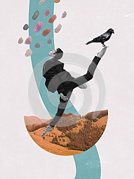 Modern design, contemporary art collage. Inspiration, idea, trendy urban magazine style. Young man dancing with bird on photo