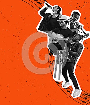 Modern design. Contemporary art collage. Young musicians performing, singing isolated over bright orange background