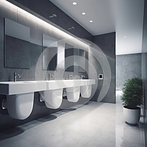 Modern design,Contemporary Interior of bathroom with sink basin faucet lined up and public toilet urinals, Construction and