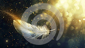 This modern design features a golden colored bird or angel quill, soft fluffy plume flying in a sun ray with white