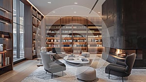 The modern design of the fireplace perfectly complements the sleek minimalist aesthetic of the library. 2d flat cartoon