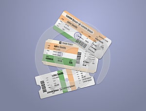 Modern design of India airline, bus and train travel boarding pass. Three tickets of India painted in flag color. Vector