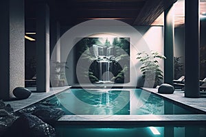 Modern design indoor pool with painting waterfall. Generative AI.