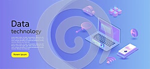 Modern design isometric concept business.smartphone on blue background and infographic elements. 3d isometric flat design. Vector