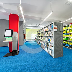 Library interior with functional shelves