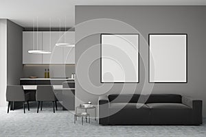 Modern design living dining room and kitchen interior with two empty white framed mockup poster on wall, sofa, table, carpet
