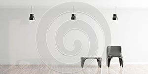 Modern design living room minimalistic interior table and chair iwth 3 lamps 3d render illustration