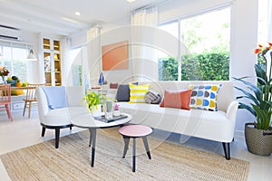 Modern design of living room with yellow,blue and orange pillow on sofa.