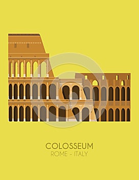 Modern design poster with colorful background of The Colosseum Rome, Italy.