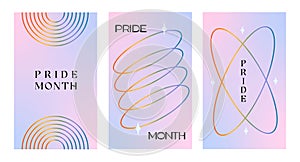 Modern design for Pride Month card, banner. Set of trendy minimalist queer aesthetic posters with gradients shapes