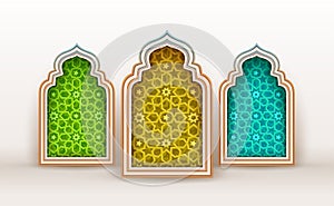 Modern design of Ramadan Mubarak windows and arches with arabesque pattern