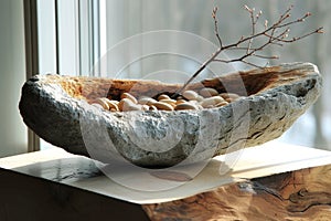 Modern design sculpture in the home interior in the form of a bird& x27;s nest