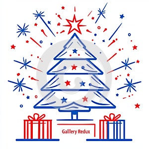 A modern design with a simple fir-tree and gifts that have text inscribed on them. The card employs line style icons for photo