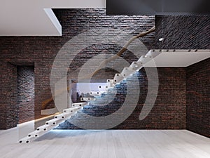 Modern design staircase in the living room, with glass railings and white independent steps on the brick wall photo