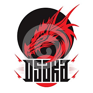 Modern design for t-shirt and apparel with red dragon and lettering \