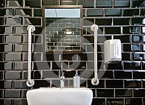 Modern design of toilet closet room with black glossy tiles.