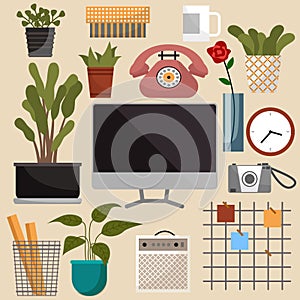 Modern design vector interior items set concept of creative office room inside workspace, workplace