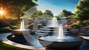 modern design water feature fountain waterfall in the form of a wide banner with copy space, garden landscape design concept,