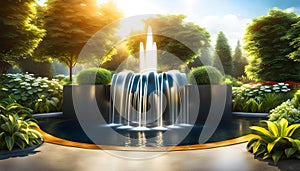 modern design water feature fountain waterfall in the form of a wide banner with copy space, garden landscape design concept,