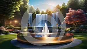 modern design water feature fountain waterfall in the form of a wide banner with copy space, garden landscape design concept,