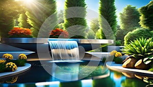 modern design water feature fountain waterfall in the form of a wide banner with copy space, garden landscape design concept,