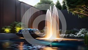 modern design water feature fountain waterfall in the form of a wide banner with copy space, garden landscape design concept,