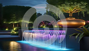 modern design water feature fountain waterfall in the form of a wide banner with copy space, garden landscape design concept,