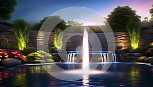 modern design water feature fountain waterfall in the form of a wide banner with copy space, garden landscape design concept,