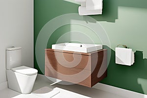 modern design white ceramic toilet with lid closed bidet sprayer and tissue paper, AI generated