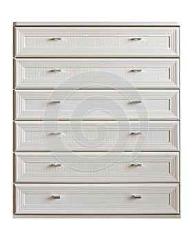 Modern design wooden dresser, chest of drawers, commode with six boxes isolated on a white background