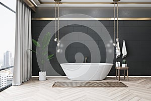 Modern designer bathroom interior with various decorative items, window with city view and curtains. 3D Rendering