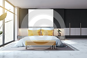 Modern designer bedroom interior with empty mock up banner, panoramic window and city view, king size bed and sunlight.
