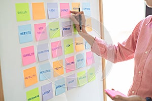 A modern designer concentrating on selecting keywords to create the concept of customerâ€™s project