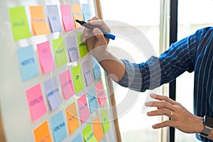 A modern designer concentrating on selecting keywords to create the concept of customerâ€™s project