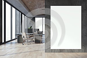 Modern designer coworking office interior with empty white mock up banner, panoramic window and city view.
