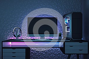 Modern designer desktop with empty black computer screen
