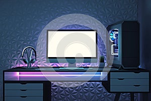 Modern designer desktop with empty white computer screen