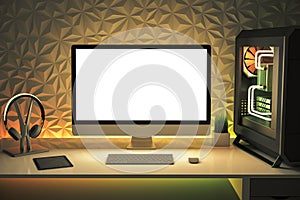 Modern designer desktop with white computer screen