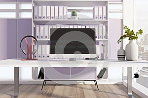 Modern designer office desktop in interior with bookshelf, mock up computer monitor and other decorative items.