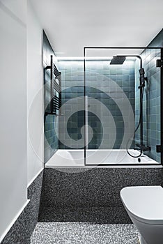 a modern designer toilet with a bathtub with a tempered glass