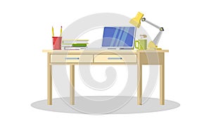 Modern desk with computer, lamp, folders, books, cup of tea or coffee, stationeries. photo