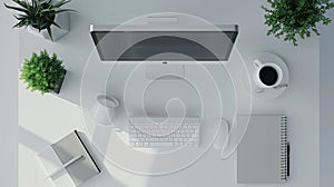 Modern desk setup with a desktop computer, plants, and a coffee cup on a clean white table