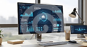 Desk with computer monitors displaying data dashboards and business analytics